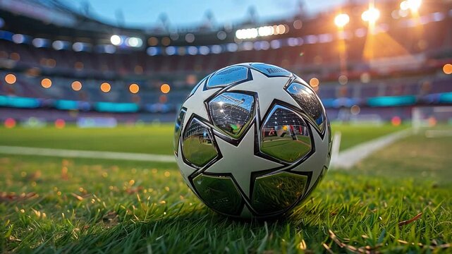 This football rests on fresh grass, reflecting stadium lights and eager fans during a thrilling game.