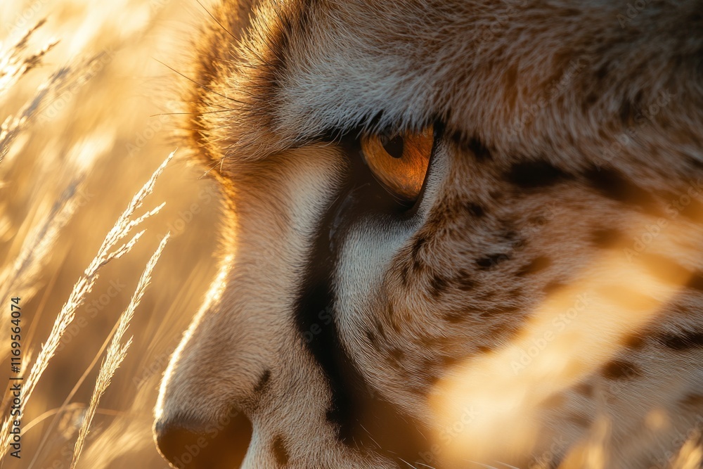 Poster close-up of a serval's face in golden light, partially hidden in tall grass.