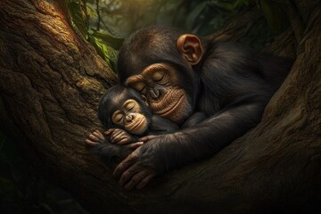 A mother chimpanzee tenderly cradles her sleeping infant in a tree.