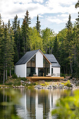 Fototapeta premium Nestled amidst a vibrant forest and tranquil waters, this contemporary cabin embodies the essence of serene living in the heart of nature