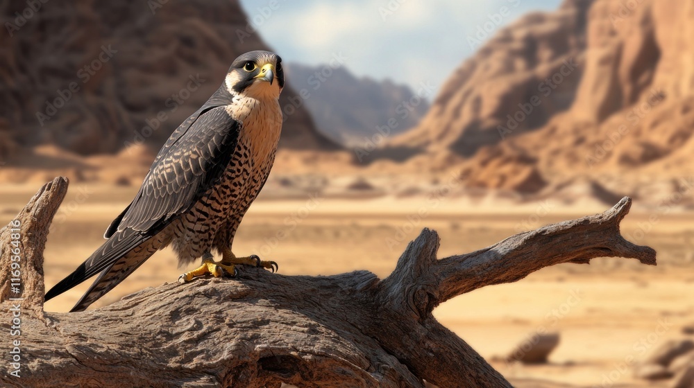 Poster peregrine falcon perched on a weathered log in a desert landscape, mountains in the background.