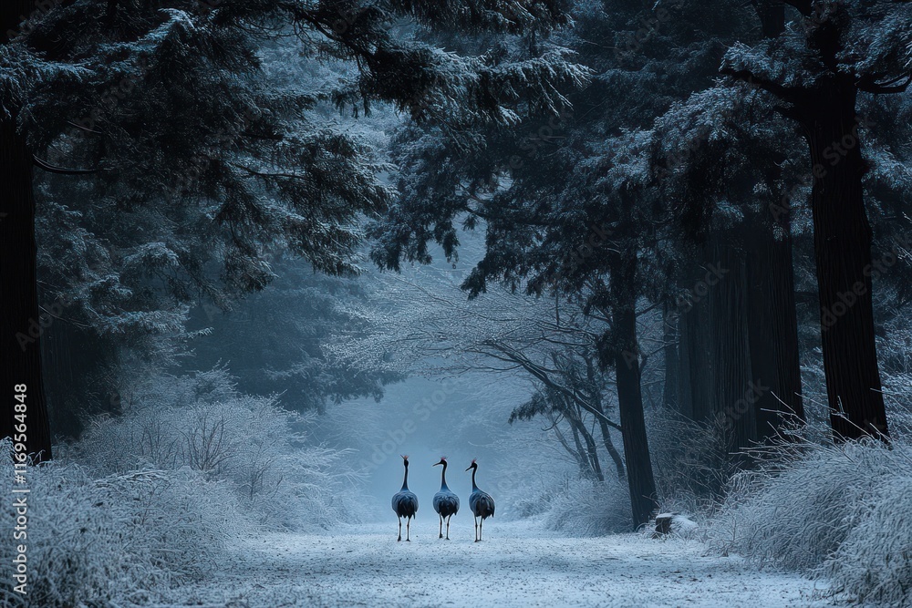 Poster three cranes walk on a snowy path through a misty winter forest.