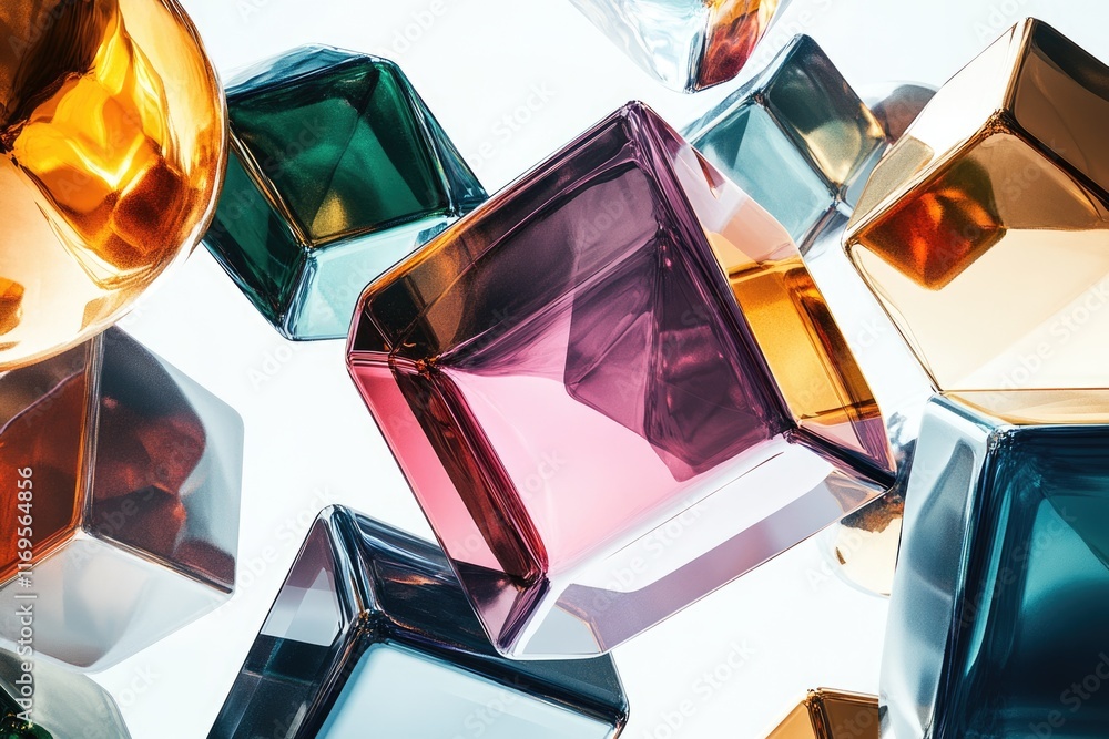 Poster abstract image of colorful, translucent cubes and spheres floating against a bright background.
