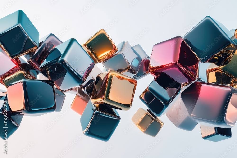 Aufkleber a dynamic collection of glossy cubes in various metallic colors floats in a white space.