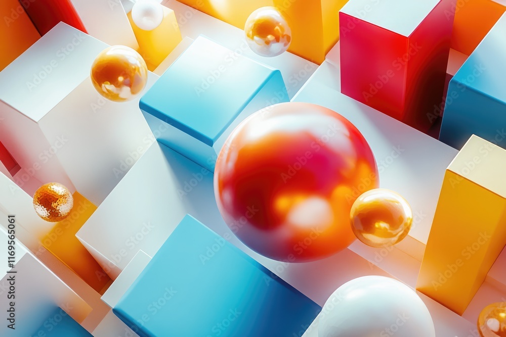 Aufkleber abstract 3d rendering of colorful spheres and cubes, creating a vibrant and dynamic composition.