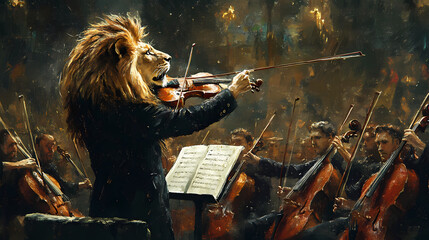 A lion conducts an orchestra, blending nature and art in a captivating fusion of music and wildlife. Crescendo. Illustration