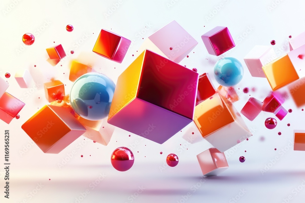 Aufkleber vibrant colorful cubes and spheres float in a dynamic, abstract composition.