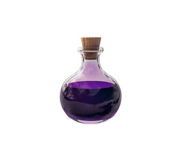 3D glass potion bottle filled with a purple liquid, featuring a wooden cork. Perfect for fantasy-themed projects, games, or magical illustrations. Isolated on transparent background, png.
