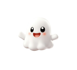 Fototapeta premium Cute 3D smiling ghost cartoon illustration with blushing cheeks and simple features. This playful ghost design is perfect for Halloween-themed projects. Isolated on transparent background, png
