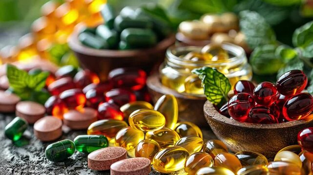 A vibrant collection of nutraceuticals is arranged artistically on a textured surface. Different shapes and colors of capsules and tablets contrast against lush green foliage.