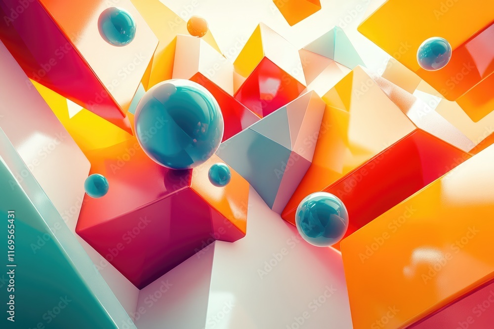 Aufkleber abstract 3d rendering of vibrant, glossy geometric shapes and spheres, creating a dynamic and colorf