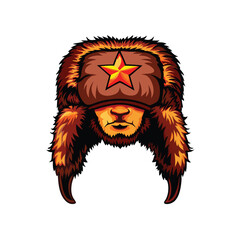 A realistic illustration of a brown faux fur ushanka hat with ear flaps and a red star on the top.