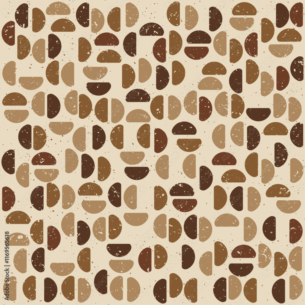 Poster Brown repeating pattern of coffee beans. Worn version with scratches and roughness. Vector simple shapes rounded coffee patterns.