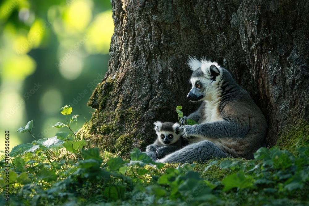 Poster ring-tailed lemur mother and baby resting together at the base of a large tree in a lush forest.