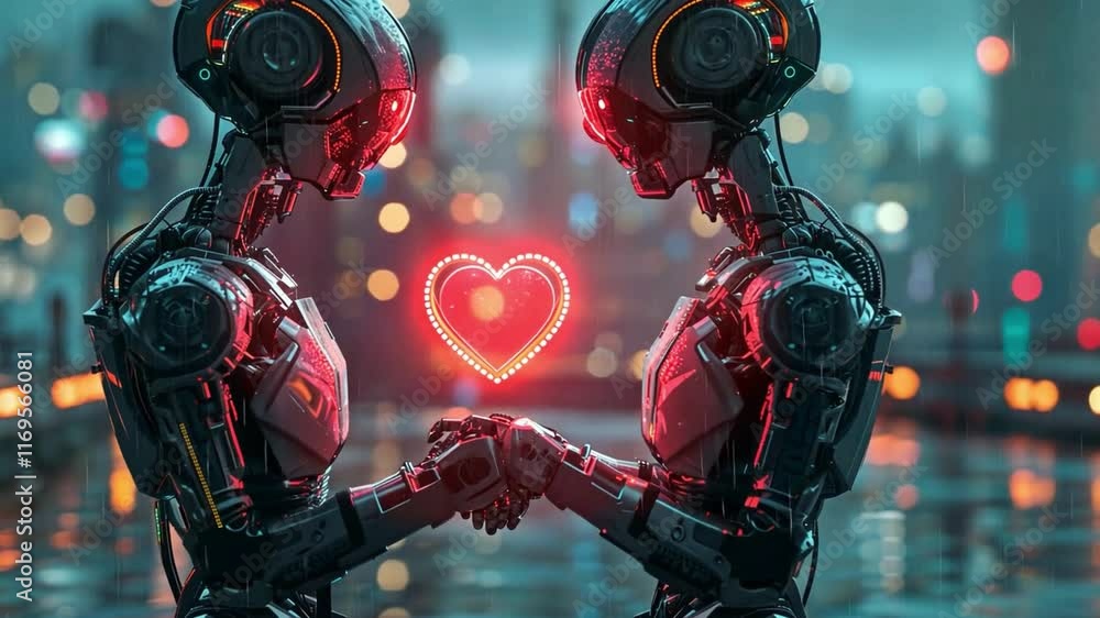 Poster two advanced robots hold hands, their glowing hearts symbolizing affection against a backdrop of a v