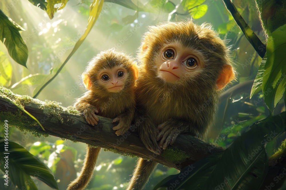 Poster two adorable marmoset monkeys sitting on a tree branch in a lush rainforest, sunlight streaming thro