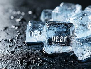 A group of ice cubes with the word new year written on them