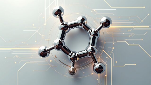 Futuristic Metallic Molecule Structure on Circuit Board - Powered by Adobe