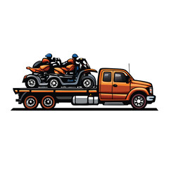 A realistic vector illustration of a pickup truck hauling two off-road ATVs, with the truck being orange and the ATVs being black and orange.