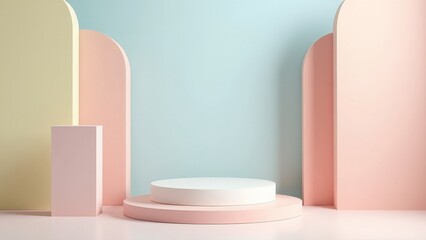 Minimalist pastel 3D scene with empty podium, geometric shapes, and soft colored arch walls in a modern studio setup