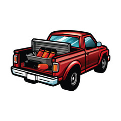 Create a realistic vector illustration of a red pickup truck parked at a construction site.