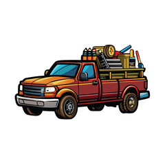 Create a realistic vector illustration of a pickup truck loaded with construction tools and materials. © arisadobe