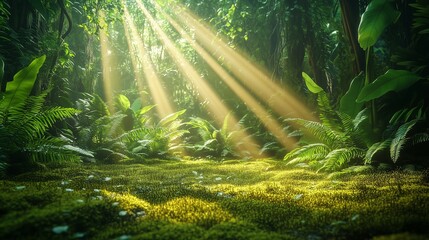 A lush green rainforest with rays of sunlight breaking through dense, vibrant foliage, casting soft golden beams on the forest floor covered in moss and ferns.
