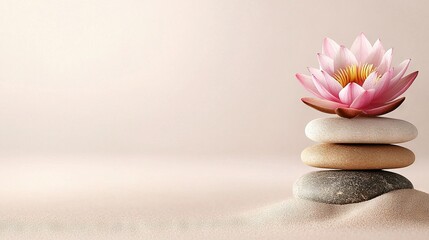   Pink water lily perched atop rocky mound against pastel background