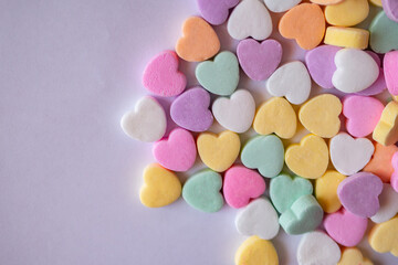 colorful heart shaped candy flat lay