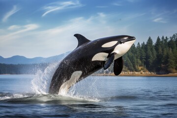 Obraz premium Orca Whale Leaping out of the Sea in Vancouver Island's Coastal Waters, Canada