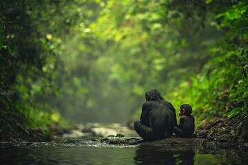 A mother chimpanzee and her baby sit by a jungle stream, their backs to the camera, in a serene, misty rainforest setting.
