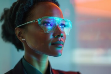 Woman wearing futuristic glasses in a modern office environment during a technology presentation