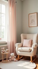 Cozy pastel nursery corner with armchair and stuffed toys in morning light