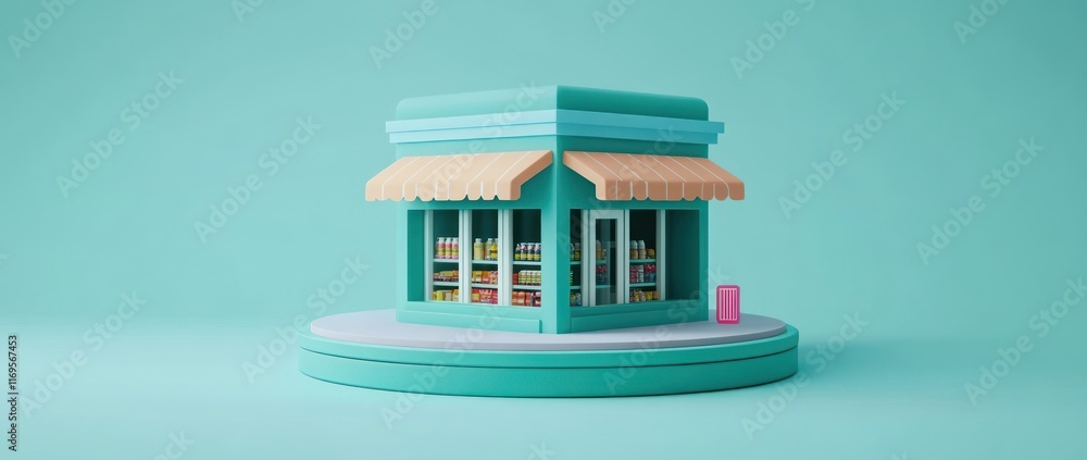 Poster teal miniature store model with awning on platform.
