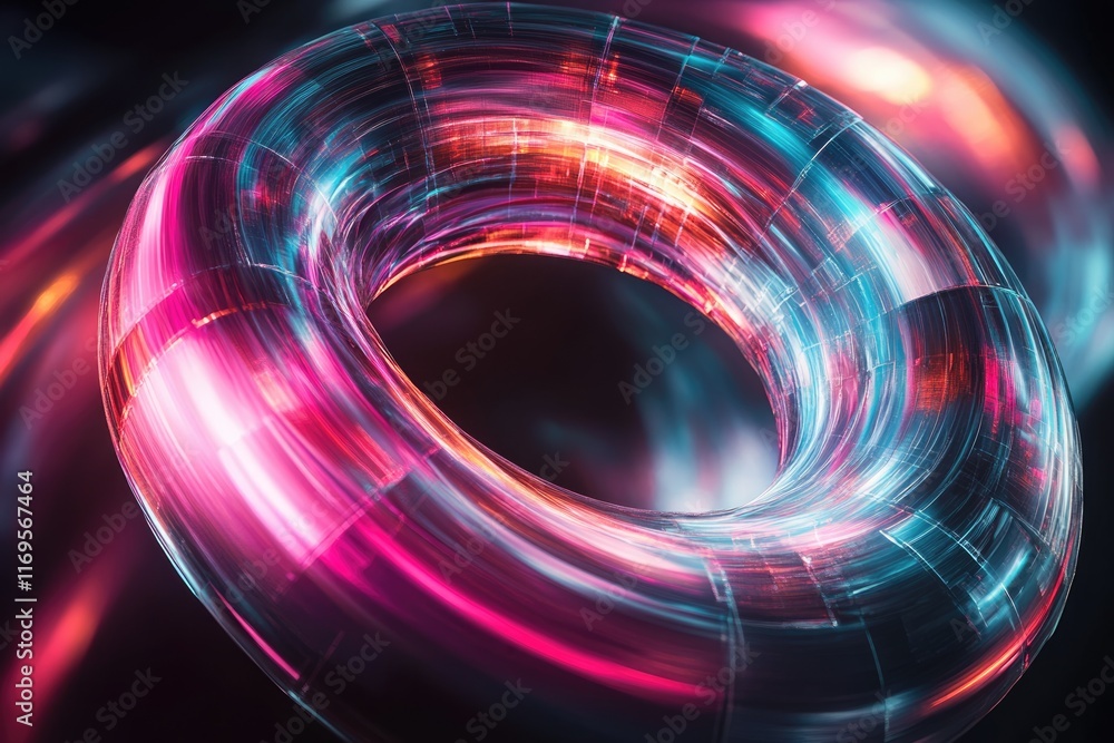 Poster abstract glowing torus with vibrant pink and blue light streaks, creating a futuristic and dynamic v