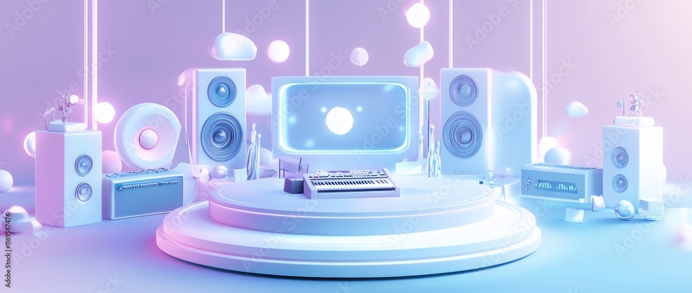 Poster pastel-colored 3d rendering of a music studio setup with speakers, a monitor, and a mixer on a platf