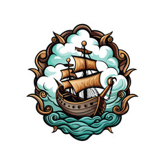 A stylized illustration of a ship sailing on a sea of clouds.