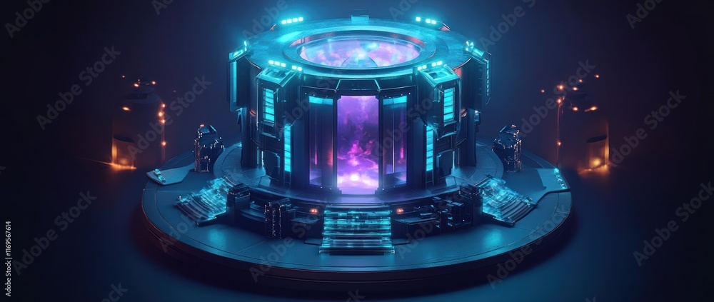 Poster futuristic glowing cylindrical machine with purple core, surrounded by dark blue tech elements on a 