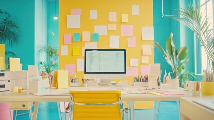 Bright, colorful office workspace with computer, desk, sticky notes, and plants.