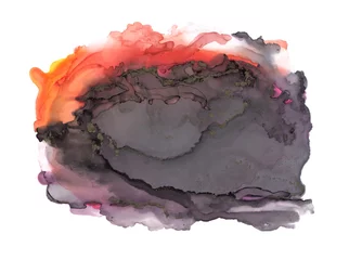 Selbstklebende Fototapeten Farben Im Wasser Smoke Art alcohol Ink, watercolor hand drawn painting cloud blot. Abstract black, red stain on white paper background.  © Liliia