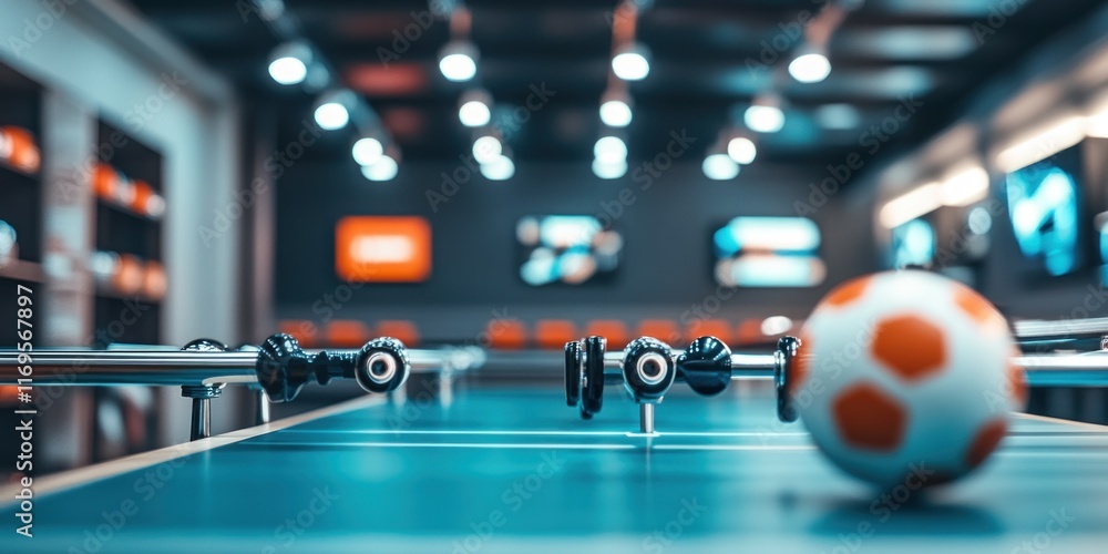 Poster close-up of foosball table with ball in modern game room.