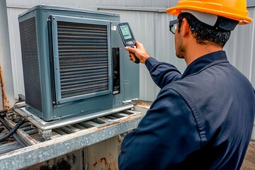 Technician performs maintenance on a rooftop air conditioning unit during daylight hours