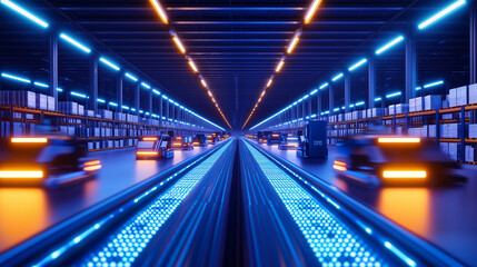 Fototapeta premium Modern Warehouse Interior with Robotics and LED Lighting