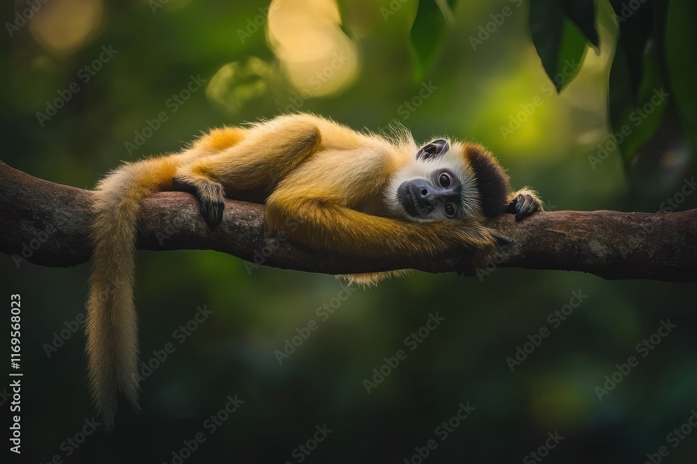 Aufkleber a golden-furred monkey rests on a tree branch in a lush green forest, bathed in soft sunlight.