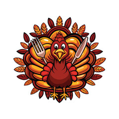 A cartoon turkey with a big smile holding a fork and knife, surrounded by autumn leaves.