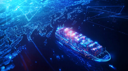 Futuristic Maritime Trade Map with Cargo Ship and Data Overlay