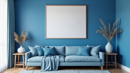 Modern interior with blue sofa, blank white frame, wooden floor, and natural lighting in cozy living room setting