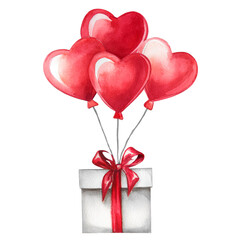 Red heart-shaped balloons floating in the sky. The balloons are tied to a gift. Watercolor on a white background, perfect for Valentine's Day or romantic designs