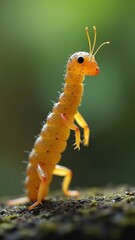 Close-up macro of bright yellow insect with standing posture on mossy surface, featuring detailed antennae and legs