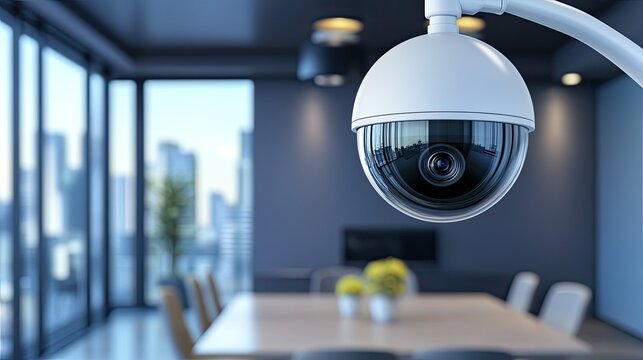 A white smart home security camera slowly moves to the right in a stylish room, showcasing its advanced features in personal protection
